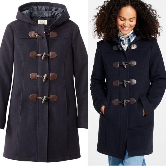 L.L. Bean Classic Lambswool Duffel Coat 100% Wool Navy Blue Toggle Hooded Italy - Picture 1 of 7